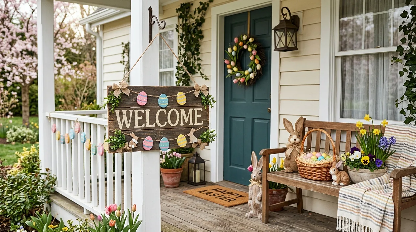 Easter welcome sign on a front porch